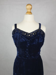 1940s Midnight Blue Silk Velvet Dress With Beading and Buttons