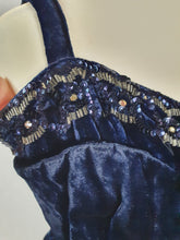 Load image into Gallery viewer, 1940s Midnight Blue Silk Velvet Dress With Beading and Buttons
