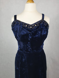 1940s Midnight Blue Silk Velvet Dress With Beading and Buttons
