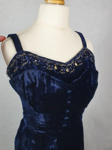 1940s Midnight Blue Silk Velvet Dress With Beading and Buttons