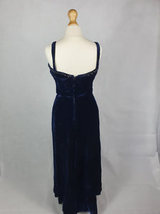1940s Midnight Blue Silk Velvet Dress With Beading and Buttons