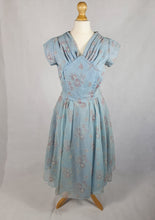 Load image into Gallery viewer, 1950s Pale Blue Chiffon Dress With Burgundy and White Flocked Flowers
