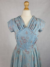 Load image into Gallery viewer, 1950s Pale Blue Chiffon Dress With Burgundy and White Flocked Flowers
