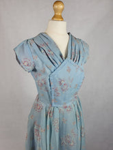 Load image into Gallery viewer, 1950s Pale Blue Chiffon Dress With Burgundy and White Flocked Flowers
