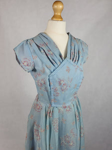 1950s Pale Blue Chiffon Dress With Burgundy and White Flocked Flowers