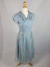 Load image into Gallery viewer, 1950s Pale Blue Chiffon Dress With Burgundy and White Flocked Flowers
