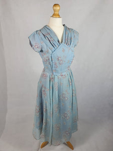 1950s Pale Blue Chiffon Dress With Burgundy and White Flocked Flowers