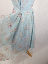 Load image into Gallery viewer, 1950s Pale Blue Chiffon Dress With Burgundy and White Flocked Flowers
