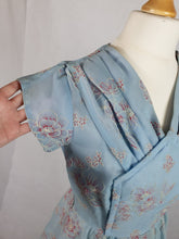 Load image into Gallery viewer, 1950s Pale Blue Chiffon Dress With Burgundy and White Flocked Flowers
