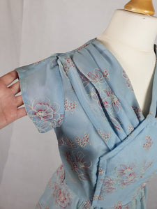 1950s Pale Blue Chiffon Dress With Burgundy and White Flocked Flowers