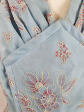 Load image into Gallery viewer, 1950s Pale Blue Chiffon Dress With Burgundy and White Flocked Flowers

