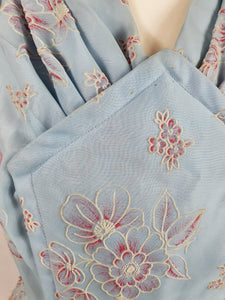 1950s Pale Blue Chiffon Dress With Burgundy and White Flocked Flowers