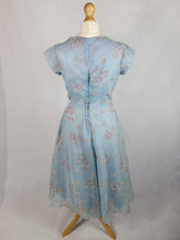 Load image into Gallery viewer, 1950s Pale Blue Chiffon Dress With Burgundy and White Flocked Flowers
