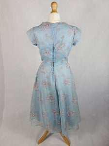 1950s Pale Blue Chiffon Dress With Burgundy and White Flocked Flowers