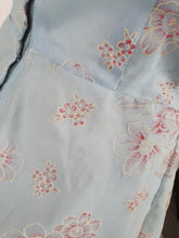 Load image into Gallery viewer, 1950s Pale Blue Chiffon Dress With Burgundy and White Flocked Flowers
