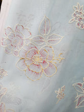 Load image into Gallery viewer, 1950s Pale Blue Chiffon Dress With Burgundy and White Flocked Flowers
