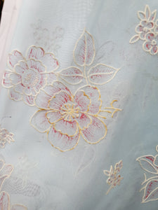 1950s Pale Blue Chiffon Dress With Burgundy and White Flocked Flowers