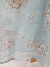 Load image into Gallery viewer, 1950s Pale Blue Chiffon Dress With Burgundy and White Flocked Flowers

