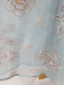 1950s Pale Blue Chiffon Dress With Burgundy and White Flocked Flowers