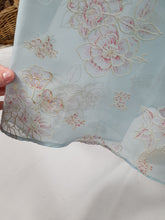 Load image into Gallery viewer, 1950s Pale Blue Chiffon Dress With Burgundy and White Flocked Flowers
