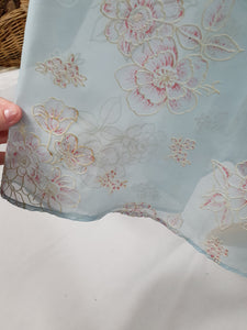 1950s Pale Blue Chiffon Dress With Burgundy and White Flocked Flowers