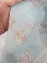 Load image into Gallery viewer, 1950s Pale Blue Chiffon Dress With Burgundy and White Flocked Flowers
