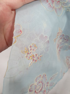1950s Pale Blue Chiffon Dress With Burgundy and White Flocked Flowers