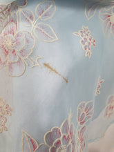 Load image into Gallery viewer, 1950s Pale Blue Chiffon Dress With Burgundy and White Flocked Flowers
