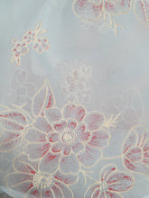Load image into Gallery viewer, 1950s Pale Blue Chiffon Dress With Burgundy and White Flocked Flowers
