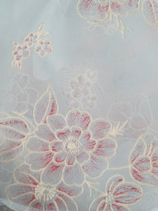 1950s Pale Blue Chiffon Dress With Burgundy and White Flocked Flowers