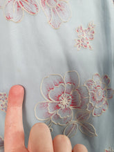 Load image into Gallery viewer, 1950s Pale Blue Chiffon Dress With Burgundy and White Flocked Flowers
