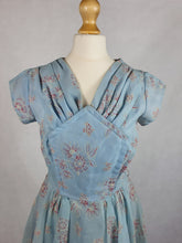 Load image into Gallery viewer, 1950s Pale Blue Chiffon Dress With Burgundy and White Flocked Flowers

