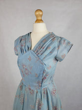 Load image into Gallery viewer, 1950s Pale Blue Chiffon Dress With Burgundy and White Flocked Flowers
