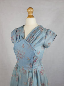1950s Pale Blue Chiffon Dress With Burgundy and White Flocked Flowers