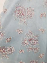 Load image into Gallery viewer, 1950s Pale Blue Chiffon Dress With Burgundy and White Flocked Flowers
