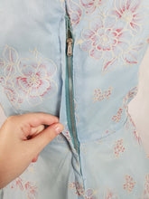 Load image into Gallery viewer, 1950s Pale Blue Chiffon Dress With Burgundy and White Flocked Flowers

