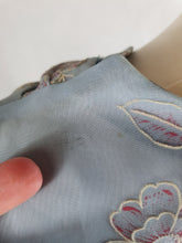 Load image into Gallery viewer, 1950s Pale Blue Chiffon Dress With Burgundy and White Flocked Flowers
