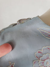 Load image into Gallery viewer, 1950s Pale Blue Chiffon Dress With Burgundy and White Flocked Flowers
