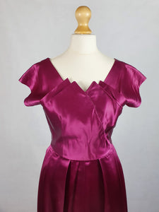 1950s Magenta Pink Liquid Satin Dress With Pleats and Layered Collar