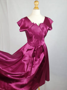 1950s Magenta Pink Liquid Satin Dress With Pleats and Layered Collar