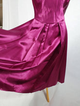 Load image into Gallery viewer, 1950s Magenta Pink Liquid Satin Dress With Pleats and Layered Collar
