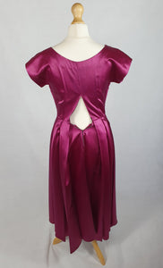 1950s Magenta Pink Liquid Satin Dress With Pleats and Layered Collar