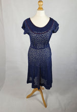 Load image into Gallery viewer, Late 1940s Navy Blue Lace Dress With Purple Trim
