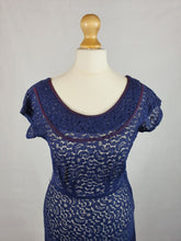 Load image into Gallery viewer, Late 1940s Navy Blue Lace Dress With Purple Trim
