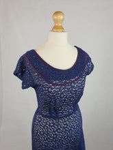 Load image into Gallery viewer, Late 1940s Navy Blue Lace Dress With Purple Trim
