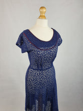 Load image into Gallery viewer, Late 1940s Navy Blue Lace Dress With Purple Trim
