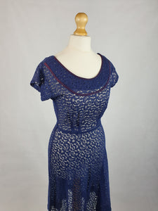 Late 1940s Navy Blue Lace Dress With Purple Trim