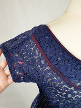 Load image into Gallery viewer, Late 1940s Navy Blue Lace Dress With Purple Trim
