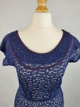 Load image into Gallery viewer, Late 1940s Navy Blue Lace Dress With Purple Trim
