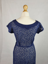 Load image into Gallery viewer, Late 1940s Navy Blue Lace Dress With Purple Trim
